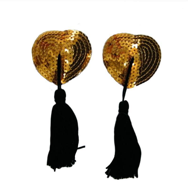 Sequin Heart Nipple Pasties with Tassels - One Size Fits All - Lingerie