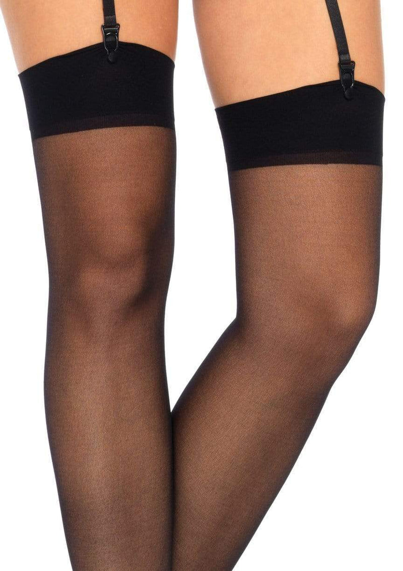 Close up image of the Black Sheer Thigh High Stockings showing a supportive opaque top to keep these stockings up or attach to garters