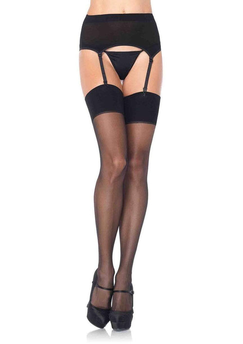 Image of the Sheer Black Spandex Garter Belt and Thigh High Stockings. This set includes sheer thigh his with detachable garters and a stretchy spandex garter belt.