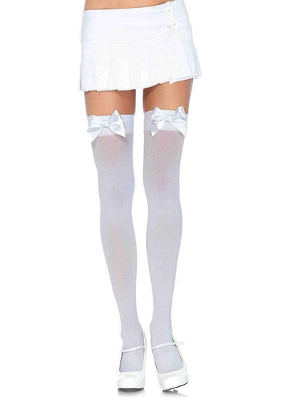 Image of a person wearing the Nylon Thigh Highs with Satin Bow details at the top. These sexy thigh high stockings are a great addition to any sexy lingerie outfit, costume, or bridal lingerie!