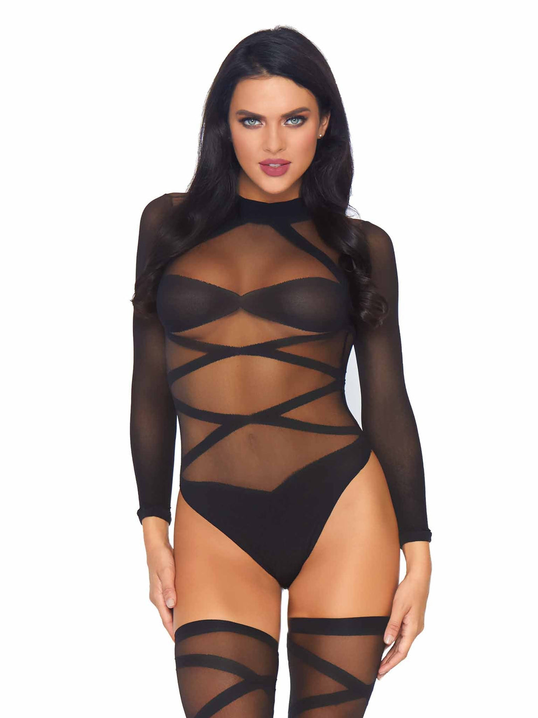 Close up image of the Sheer Criss Cross Bodysuit and Thigh High Set.
