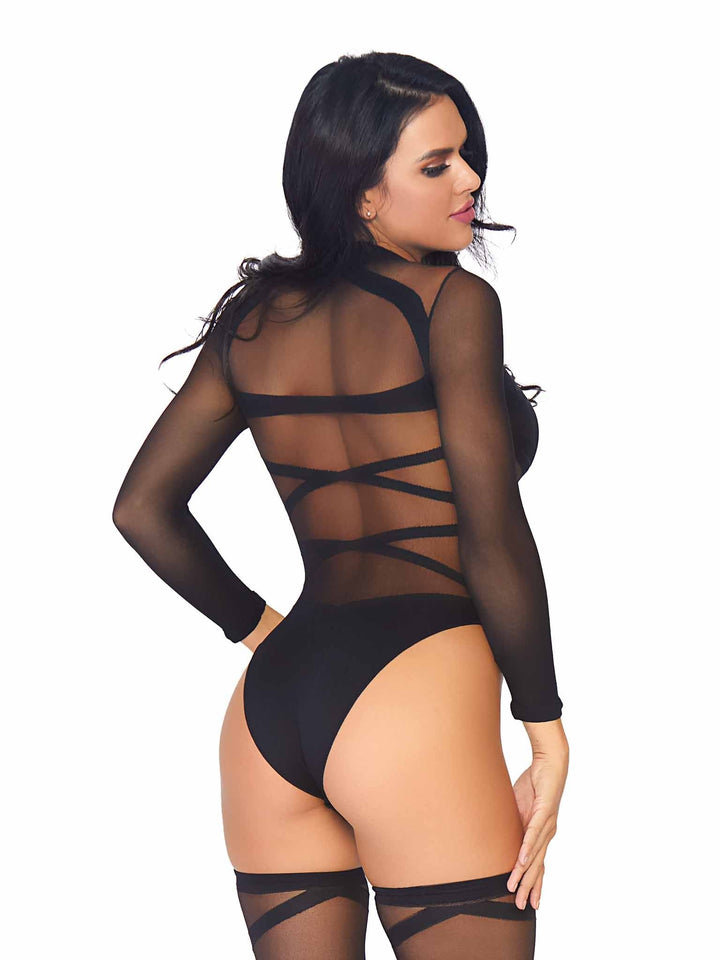 Image of the back of the Sheer Criss Cross Bodysuit and Thigh High Set.  This sheer bodysuit has opaque criss cross straps around the midriff and opaque bra and panty sections with a moderate cheeky cut on the bottom.