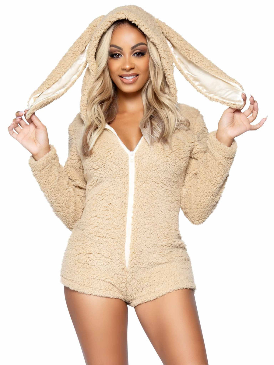 Image of a person wearing the Cuddle Bunny Ultra Soft Zip Up Teddy Romper. This plush cozy teddy has a fluffy bunny tail and hood with long bunny ears perfect for a snuggly night in or sexy costume.