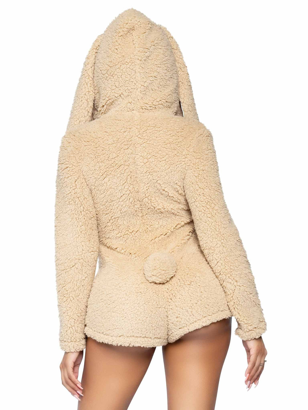 Image of the back of the Cuddle Bunny Ultra Soft Zip Up Teddy Romper showing the fluffy tail and sexy cheeky bottoms.