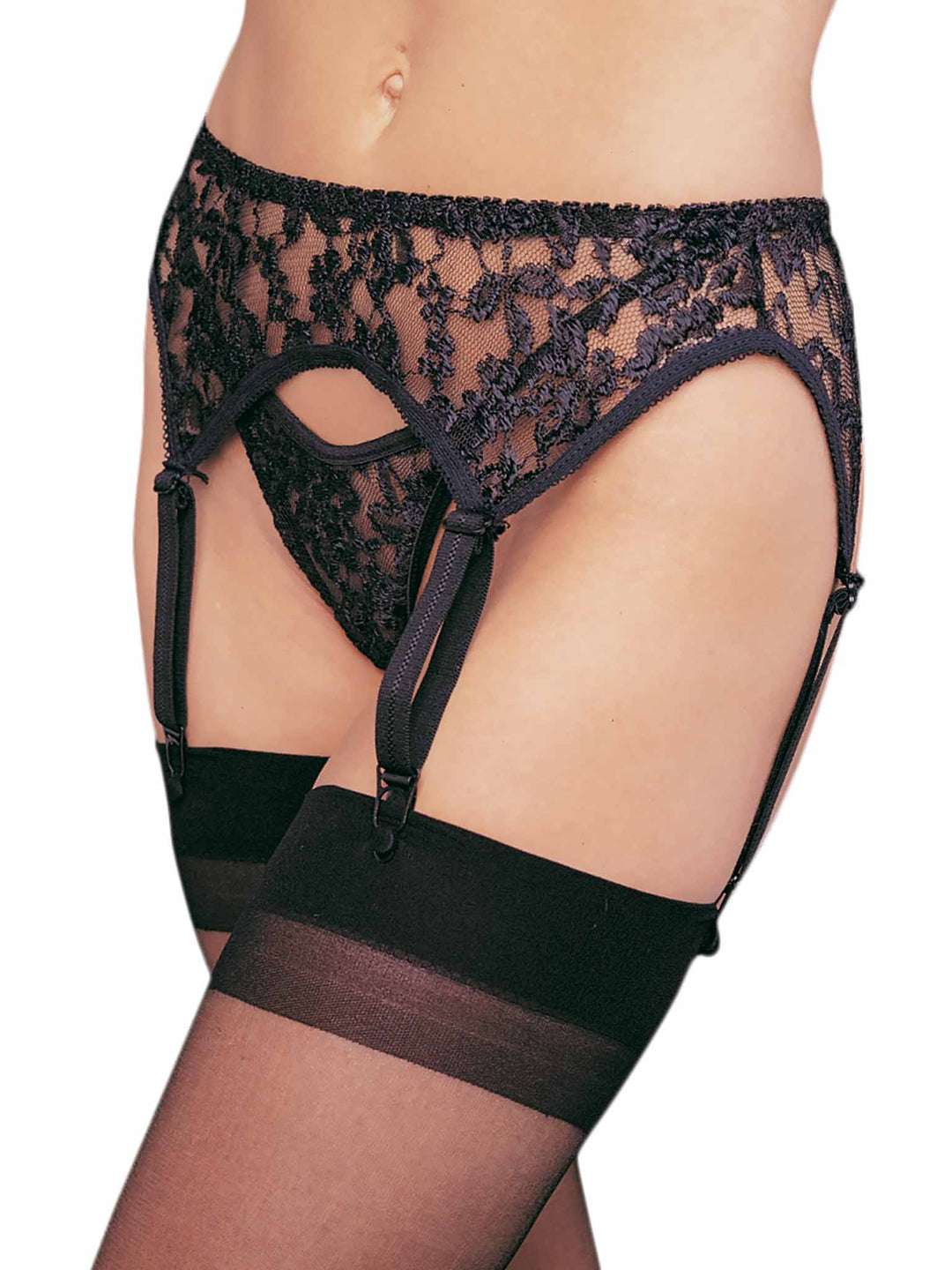 Image of a person wearing the Lace Garter Belt and Thong, available in one size and queen size.