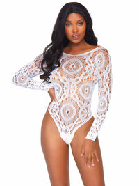 Image of a person wearing the Crochet Lace Long Sleeved Teddy Bodysuit in white lace. This sheer teddy has a snap crotch closure for easy wear and is perfect for layering as part of your favorite festival or club wear outfit!
