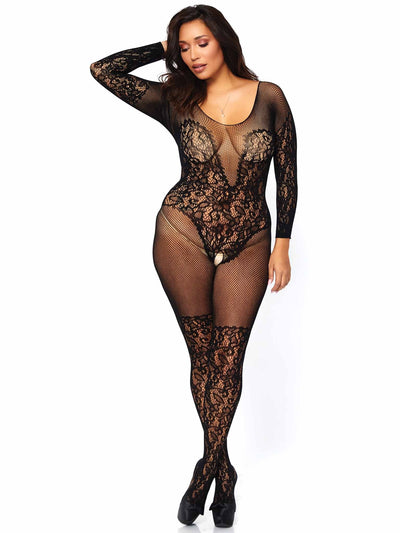Image of a person wearing the Secret Desire Long Sleeved Crotchless Bodystocking available in Queen size.
