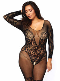 Image of the Secret Desire Long Sleeved Crotchless Bodystocking fishnet and lace bodysuit