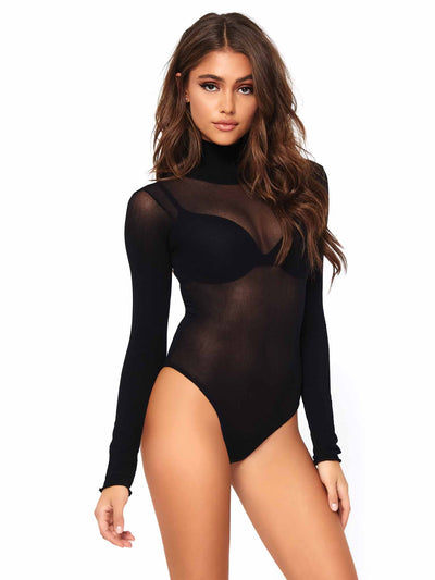 Image of a person wearing the Sheer High Neck Long Sleeved Bodysuit. This semi-opaque teddy is perfect for layering over sexy lingerie or dressing up any outfit