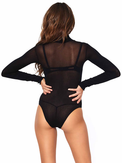 Image of the back of the Sheer High Neck Long Sleeved Bodysuit showing its high neck, full back coverage, and moderate cheeky cut bottom.