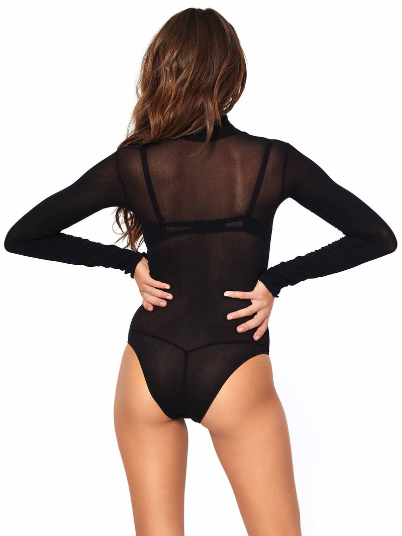 Image of the back of the Sheer High Neck Long Sleeved Bodysuit showing its high neck, full back coverage, and moderate cheeky cut bottom.