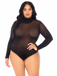 Image of a person wearing the Sheer High Neck Long Sleeved Bodysuit available up to 1X/2X size.