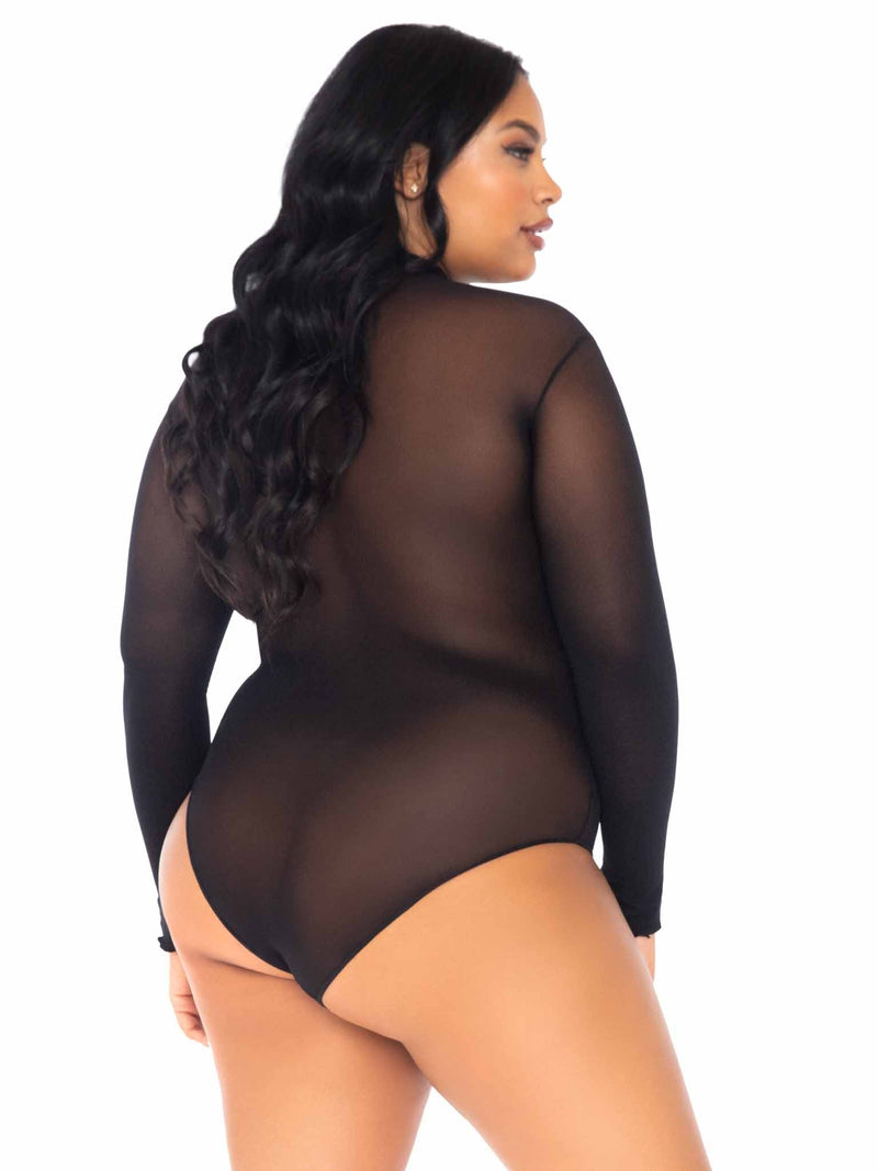 Image of the back of the Sheer High Neck Long Sleeved Bodysuit. This high neck bodysuit has a full back coverage and snap crotch closure.