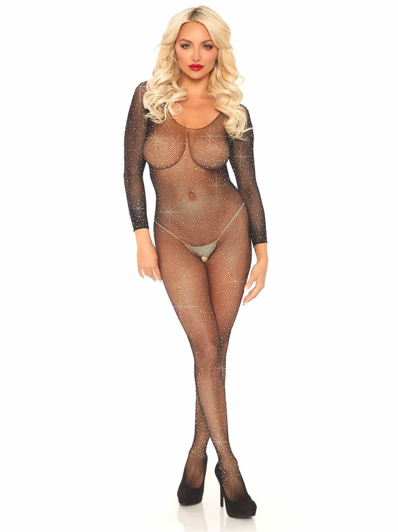 Image of a person wearing the Seamless Fishnet Rhinestone Crotchless Bodysuit. This long sleeved body stocking is covered with sparkling crystals.