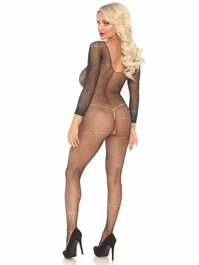 Image of the back of the Seamless Fishnet Rhinestone Crotchless Bodystocking showing the scoop back and open crotch bottom