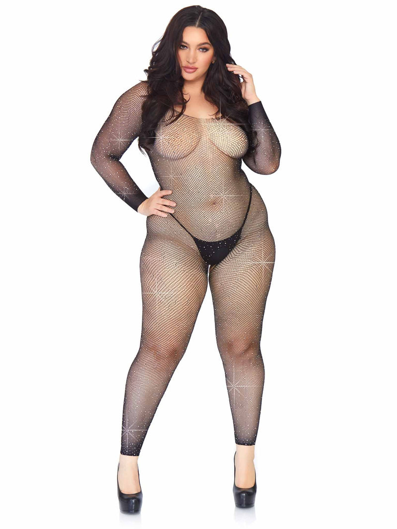 Image of the Seamless Fishnet Rhinestone Crotchless Bodystocking, available up to 1X/2X size