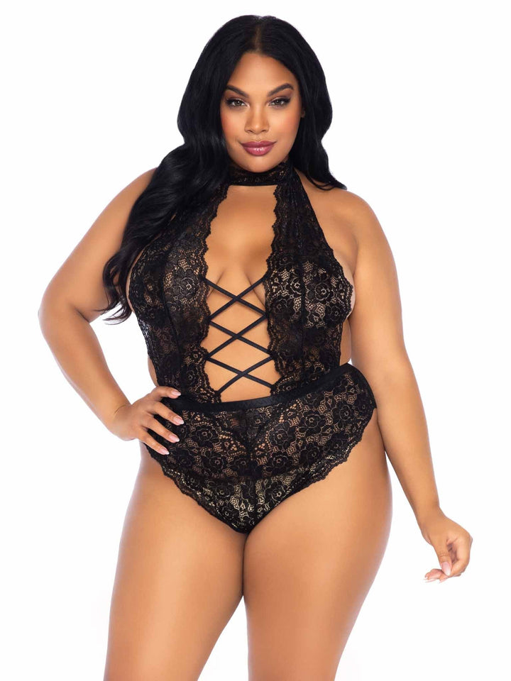 Image of a person wearing the High Neck Floral Lace Crotchless Teddy in black lace, available up to 1X/2X size