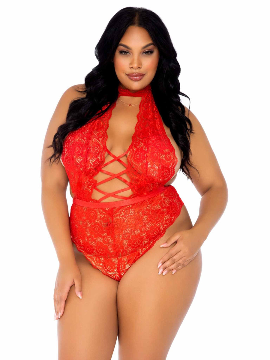 Image of a person wearing the High Neck Floral Lace Crotchless Teddy in red lace. This backless crotchless lingerie teddy has a plunging neckline with lace up details