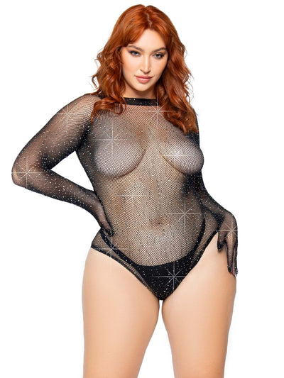 Image of a person wearing the Rhinestone Fishnet Long Sleeved Gloved Bodysuit available up to 1X/2X size