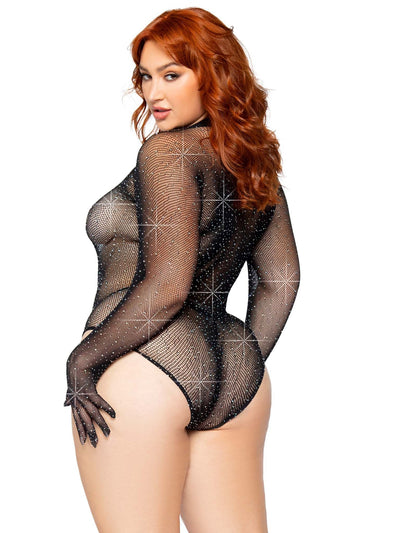 Image of the back of the Rhinestone Fishnet Long Sleeved Gloved Bodysuit in 1X/2X size.