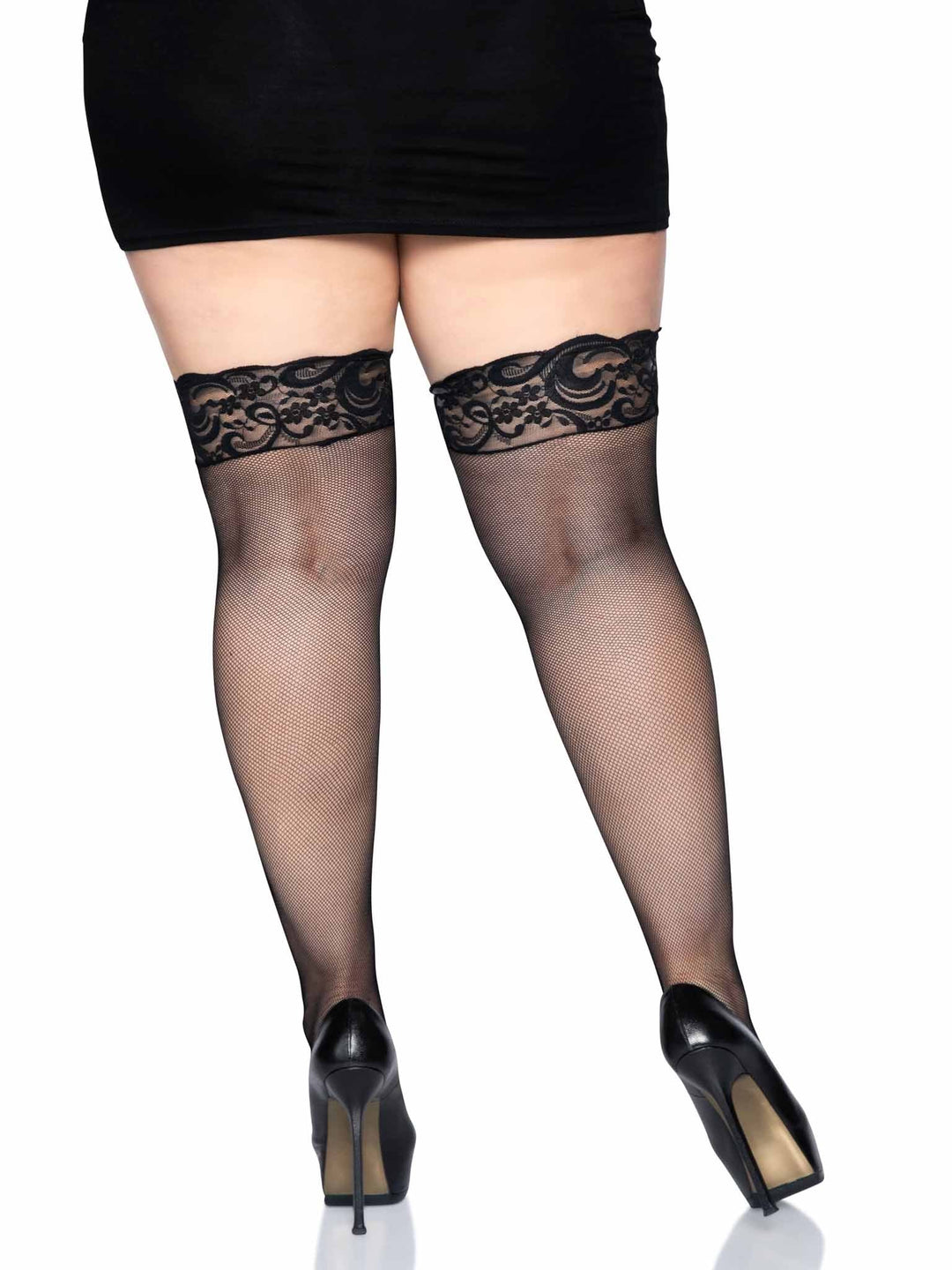 Image of the back of the Stay Up Lace Top Micro Net Thigh Highs available up to 1X/2X size.