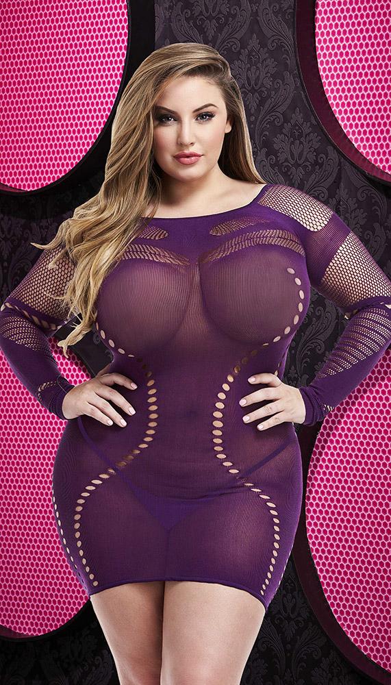 Long Sleeve Mini Dress with Fishnet Accents - Lingerie