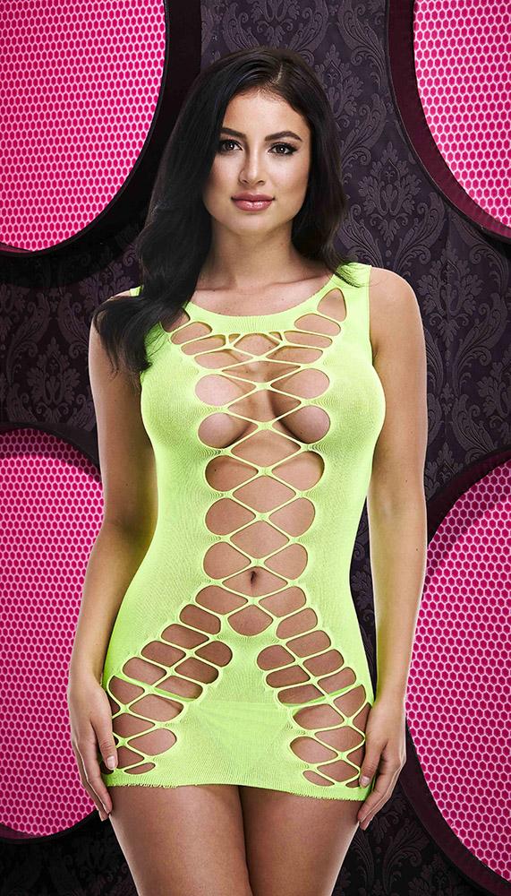 Brunette model in neon green lingerie