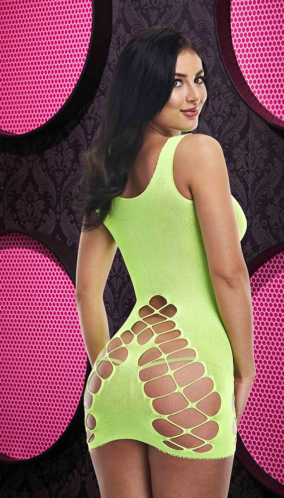 Brunette model back side image of neon green lingerie