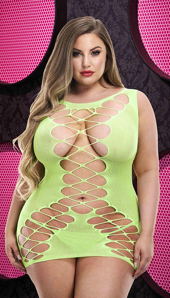 Plus size model wearing neon green lingerie