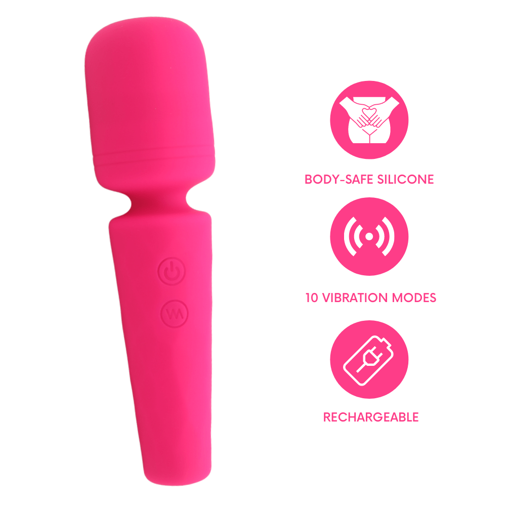 Image showing the body massagers main features. Body-safe silicone, 10 vibration modes, and rechargeable.