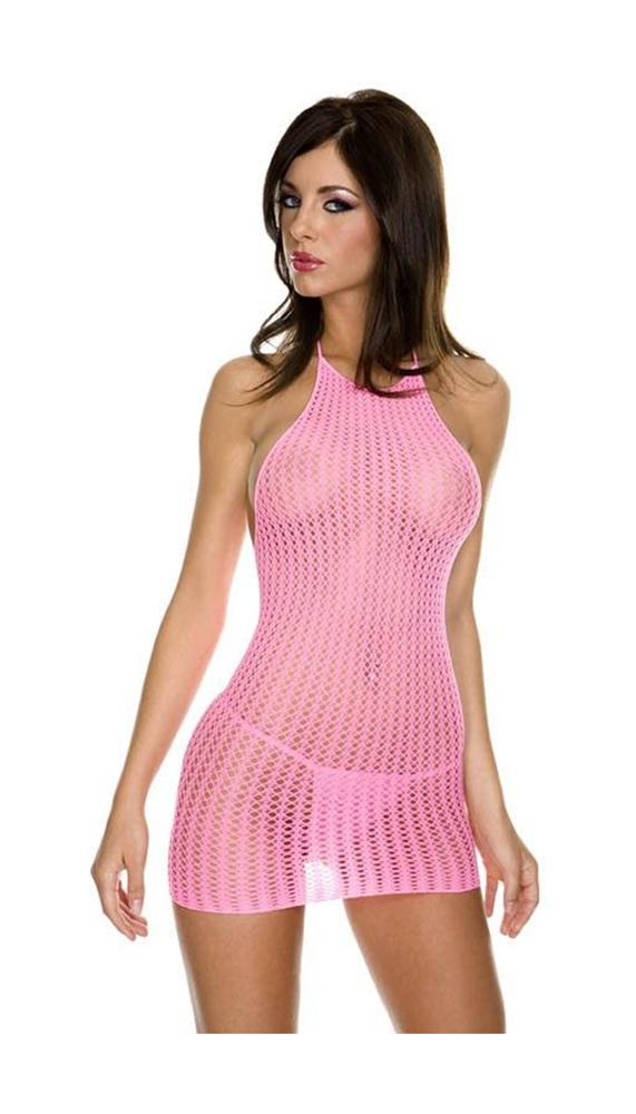 Pink Halter Crotchet Mini Dress & G-String Lingerie Set - Lingerie