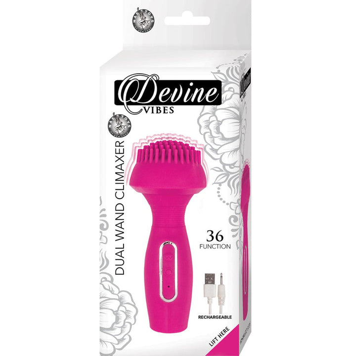 Image of the packaging for the Rechargeable Nubby Power Wand Dual Climaxer. Text reads Nasstoys, Devine Vibes, Dual Wand Climaxer, 36 Function, Rechargeable, Lift here.