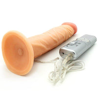 Realistic suction cup dildo shown connected to remote control