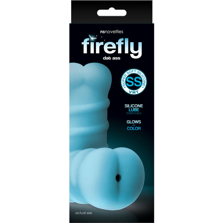 Image of the packaging for the Silicone Tight Ass Glow In The Dark Masturbator. Text reads NS novelties, firefly dat ass, super soft silicone VRT, silicone lube compatible, glows in color, actual size.