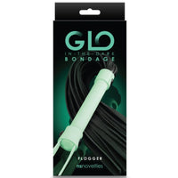 Image of the packaging for the GLO Bondage Glow In The Dark Flogger. Text reads Glo in the dark bondage, flogger, NS novelties.