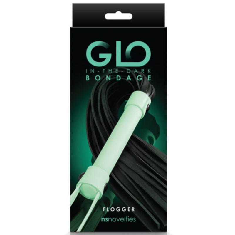 Image of the packaging for the GLO Bondage Glow In The Dark Flogger. Text reads Glo in the dark bondage, flogger, NS novelties.