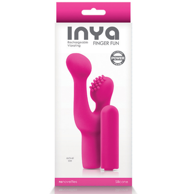Image of the packaging of the pink toy. This finger fun vibe is perfect for on-the-go pleasure as you can easily put it in a purse or bag! Add this dual-action toy to your collection tonight to spice things up!