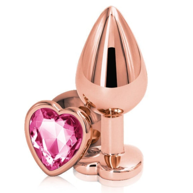 Image of the Rainbow Heart Jeweled Metal Butt Plug in rose gold with pink jeweled base