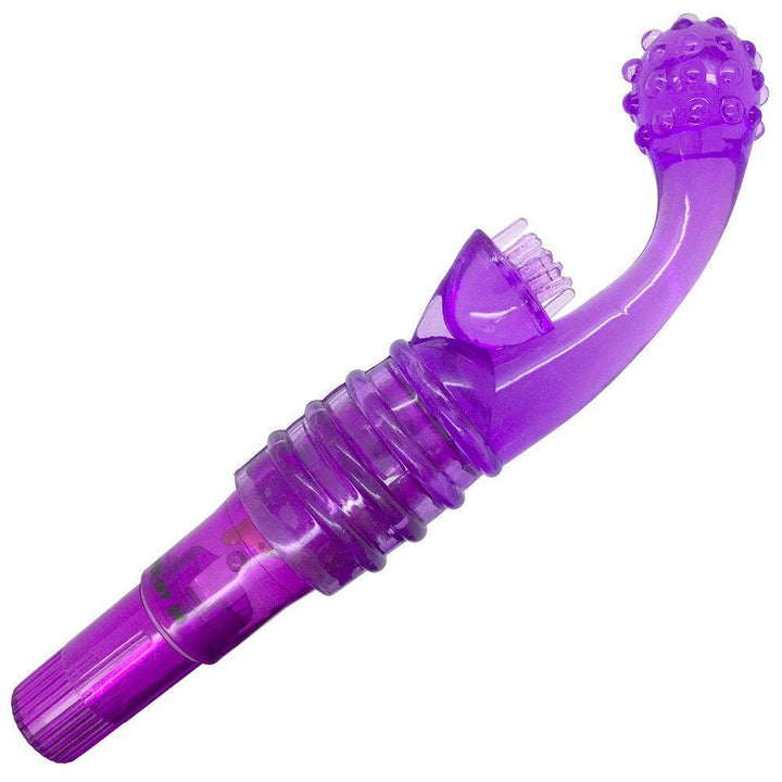 The purple jelly nubby vibrator sleeve over the vibrator base for TooTimid