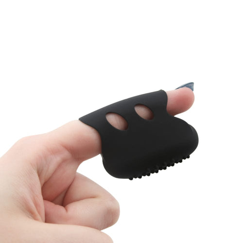 Image of black silicone finger vibrator on finger