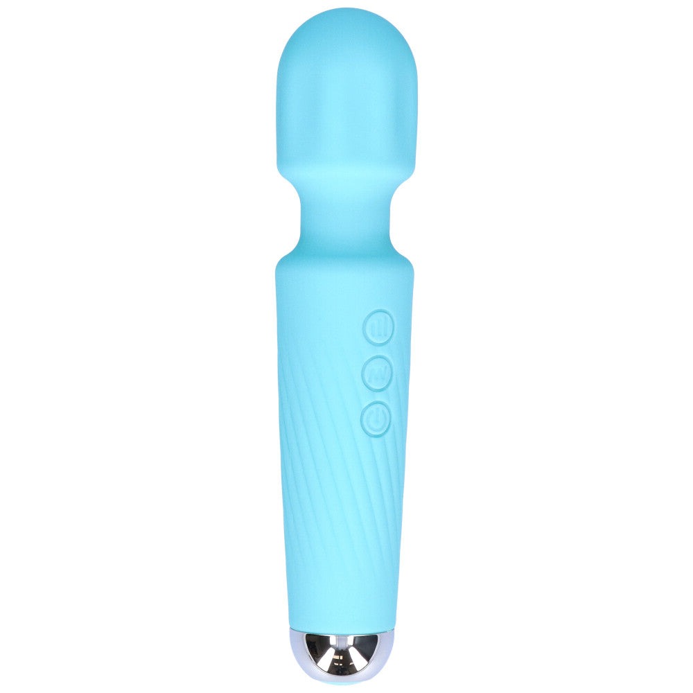 Light blue silicone vibrating sex toy massager wand with three buttons on the handle rotated slightly with a shiny silver base bottom