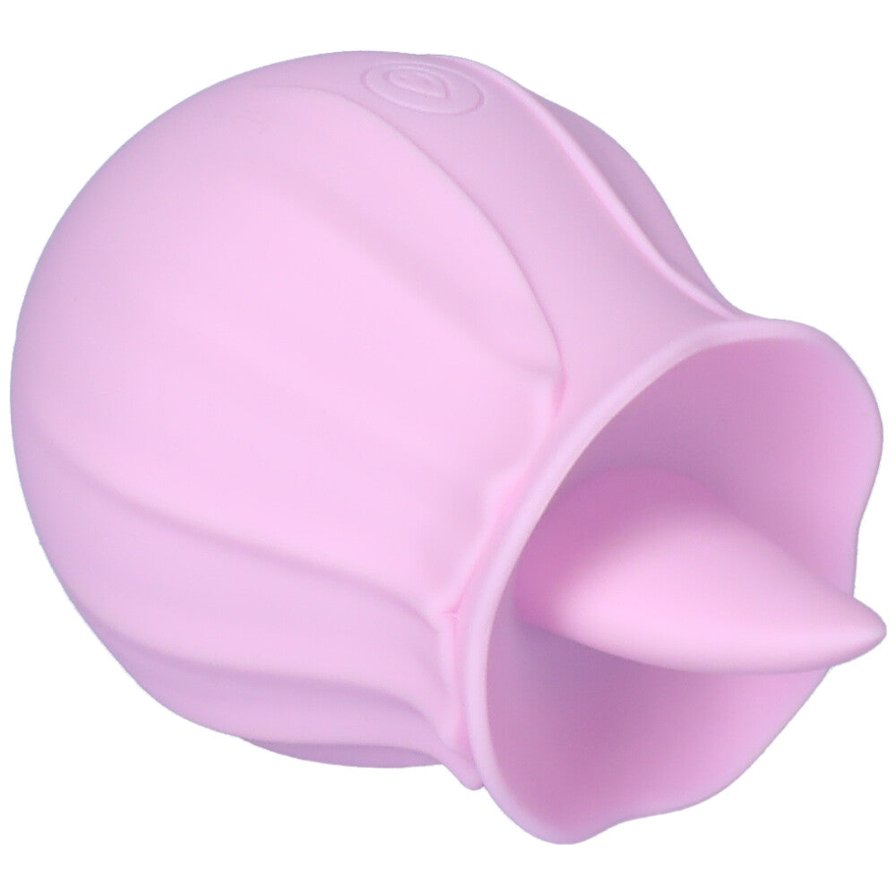 Side angle view of pink rechargeable flickering tongue clit stimulating vibrator.
