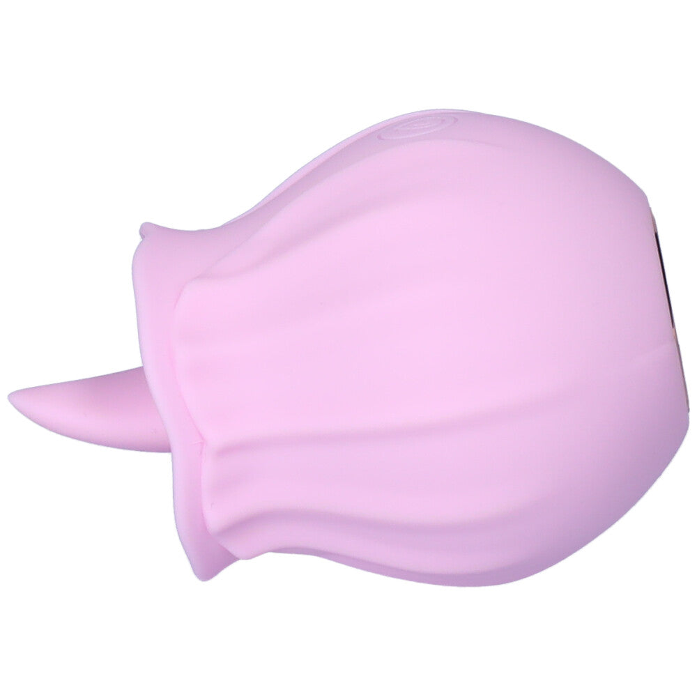 Side view of the pink  rechargeable flickering tongue clit stimulating vibrator.