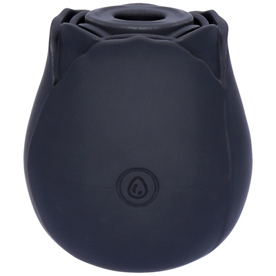 Upright front view of black rose air pulse stimulator with power button.