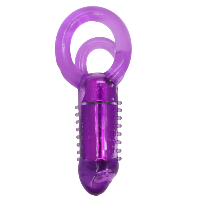 Image of the back of the cock ring. This stretchy ring easily and comfortably fits over the shaft for added stimulating for both partners! Achieve stronger, longer lasting erections with this nubby bullet cock ring!
