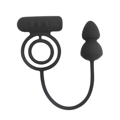 Black silicone dual vibrating cock ring with anal plug attachment
