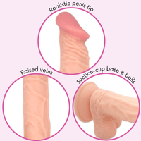 Realistic penis tip. Raised veins. Suction-cup base & balls.