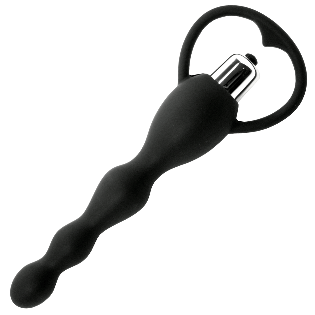 Black vibrating anal plug with a loop