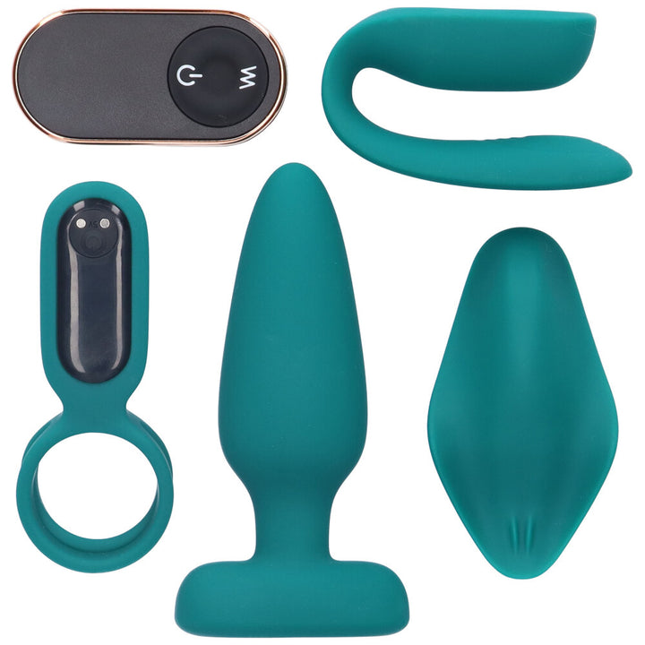 Close-up image of the couples sex toy love kit with remote.