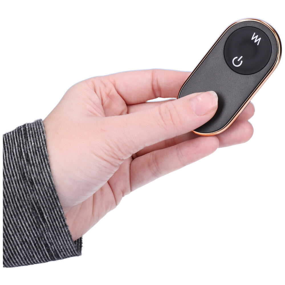 Image of the wireless remote held in hand.